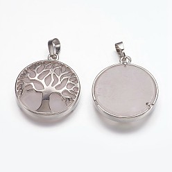 Rose Quartz Natural Rose Quartz Pendants, with Brass Finding, Flat Round with Tree of Life, Platinum, 31x27x6mm, Hole: 5x8mm