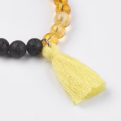 Mixed Stone Natural Mixed Stone Stretch Bracelets, with Lava Rock and Cotton Thread Tassel, 2-1/8 inch(5.5cm)