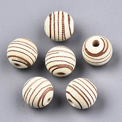 Light Yellow Painted Natural Wood Beads, Laser Engraved Pattern, Round with Zebra-Stripe, Light Yellow, 15.5~16.5x15mm, Hole: 4mm