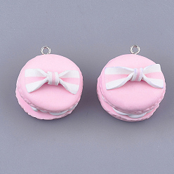 Pink Handmade Polymer Clay Pendants, Macarons with Bowknot, Pink, 28~30x25~26x16~21mm, Hole: 2mm