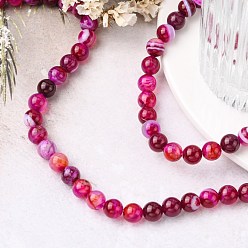 Deep Pink Natural Striped Agate/Banded Agate Bead Strands, Round, Grade A, Dyed & Heated, Deep Pink, 8mm, Hole: 1mm, about 47pcs/strand, 15 inch