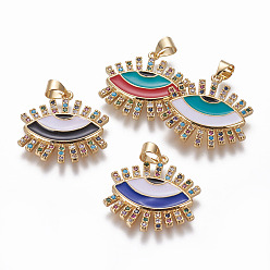 Mixed Color Brass Enamel Pendants, with Cubic Zirconia, Evil Eye, Golden, Mixed Color, 22x21x2.5mm, Hole: 5x4mm