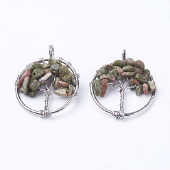 Unakite Natural Unakite Pendants, with Brass Findings, Flat Round with Tree of Life, Platinum, 29x5~7mm, Hole: 4.5mm