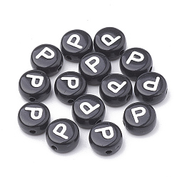 Letter P Opaque Acrylic Beads, Horizontal Hole, Alphabet Style, Flat Round, Letter.P, 7x4mm, Hole: 1.5mm, about 3700pcs/500g