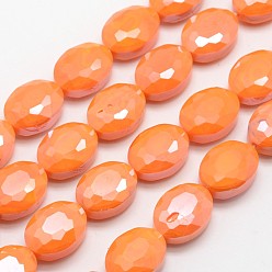 Dark Orange Electroplate Glass Beads Strands, Pearl Luster Plated, Faceted Oval, Dark Orange, 16x12x7mm, Hole: 1mm, about 20pcs/strand, 11.8 inch