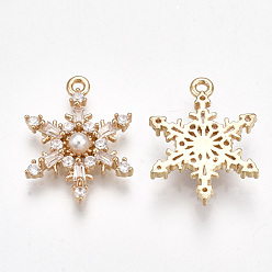 Real 18K Gold Plated Brass Cubic Zirconia Pendants, with ABS Plastic Imitation Pearl, Snowflake, Real 18K Gold Plated, 17x13x3mm, Hole: 1.2mm