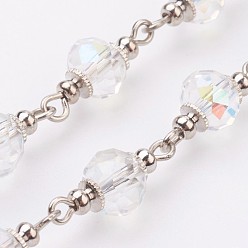 Clear AB Faceted Glass Handmade Beaded Chains, Unwelded, with Iron Eye Pin and Plastic Plug, Platinum, Clear AB, 39.37 inch, 1m/strand