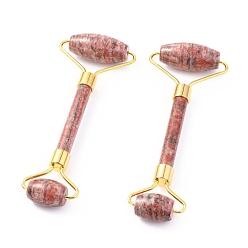 Sesame Jasper Natural Sesame Jasper Brass Face Massager, Facial Rollers, Golden, 142~150x54~58x19~22mm