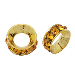 Topaz Brass Rhinestone Spacer Beads, Grade A, Rondelle, Golden Metal Color, Topaz, 10x4.2mm, Hole: 5.2~5.7mm