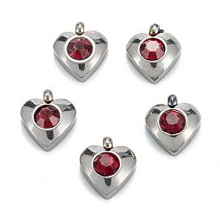 Light Siam 304 Stainless Steel Charms, with Acrylic Rhinestone, Faceted, Birthstone Charms, Heart, Stainless Steel Color, Light Siam, 8.2x7.2x3.2mm, Hole: 1mm