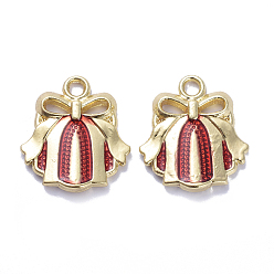 Gold Golden Plated Alloy Enamel Pendants, for Christmas, Christmas Red Stripe Bell, Gold, 19x17x3mm, Hole: 2mm