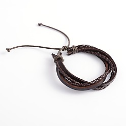 Coconut Brown Adjustable Leather Multi-Strand Bracelets, with Waxed Cord, Coconut Brown, 57mm