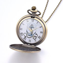 Античная Бронза Сплав кулон ожерелье кварцевые карманные часы, железные цепочки и карабин-лобстеры , плоские круглые с якорем, античная бронза, 31.9 дюйм (81 см), cmотреть: 65x47x14 mm