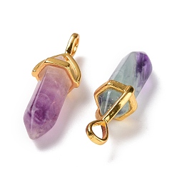 Fluorite Natural Colorful Fluorite Pendants, Faceted, with Golden Tone Brass Findings, Lead free & Cadmium Free, Bullet, 27~30x9~10x7~8mm, Hole: 4x3mm