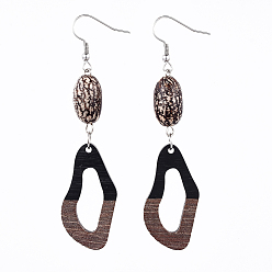 Black Resin & Wood Dangle Earrings, with Natural Bodhi Wood Bead and 316 Surgical Stainless Steel Earring Hooks, Twisted Oval, Black, 80~83mm, Pin: 0.6mm