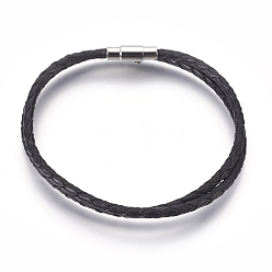 Black Leather Braided Cord Wrap Bracelets/Necklaces, Two Loops, with 304 Stainless Steel Magnetic Screw Clasps, Column, Black, 16.5 inch~16.9 inch(42~43cm), 3mm