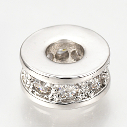 Platinum Brass Micro Pave Cubic Zirconia Beads, Flat Round, Clear, Platinum, 7x3mm, Hole: 3mm