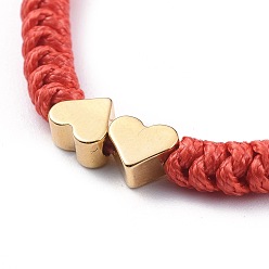 Red Unisex Adjustable Korean Waxed Polyester Cord Braided Bead Bracelets, Red String Bracelets, with Brass Beads, Heart, Real 18K Gold Plated, Red, 2.2~7.8cm