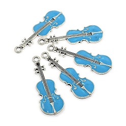 Deep Sky Blue Violin Antique Silver Tone Alloy Enamel Pendants, Deep Sky Blue, 50x18x2mm, Hole: 3mm