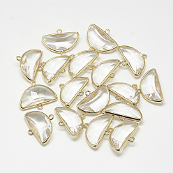 Clear Glass Links connectors, with Golden Tone Brass Findings, Faceted, Fan, Clear, 18.5x24x7mm, Hole: 1.5mm