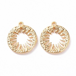 Golden 304 Stainless Steel Pendants, Flat Round with Hollow Flower, Golden, 16x14x2.5mm, Hole: 1.2mm