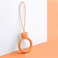 Orange Ring with Bear Shapes Silicone Mobile Phone Finger Rings, Finger Ring Short Hanging Lanyards, Orange, 9.5~10cm, Ring: 40x30x9mm