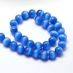 Blue Cat Eye Beads Strands, Round, Blue, 10mm, Hole: 1.5mm, about 40pcs/strand, 15.5 inch