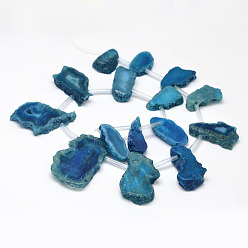 Steel Blue Dyed Natural Agate Nuggets Beads Strands, Steel Blue, 19~30x30~56x5~9mm, Hole: 2mm, about 13~15pcs/strand, 15.3 inch