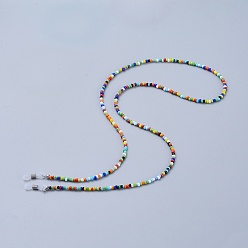 Coloré Chaînes de lunettes, tour de cou pour lunettes, avec des perles en verre de graine, perles à écraser en laiton et extrémités de boucle en caoutchouc, colorées, 30.7 pouce (78 cm)