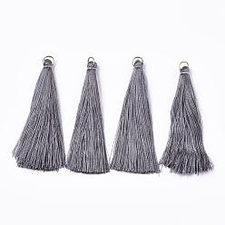 Light Grey Nylon Thread Tassel Pendants Decoration, with Brass Findings, Golden, Light Grey, 35x7mm, Hole: 7mm