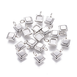 Stainless Steel Color 304 Stainless Steel Pendant Cabochon Settings, Square, Stainless Steel Color, Tray: 4x4mm, 9x6x2mm, Hole: 2mm