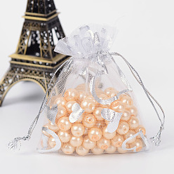 Blanc Cardiaques imprimée en organza sacs, bijoux cadeau pochettes en maille pour noce sacs de bonbons de noël, sacs-cadeaux, rectangle, blanc, 9x7 cm
