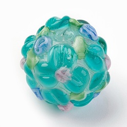 Turquoise Handmade Lampwork Beads, Rondelle with Flower, Bumpy, Turquoise, 14~15x12~13mm, Hole: 1.5~1.8mm