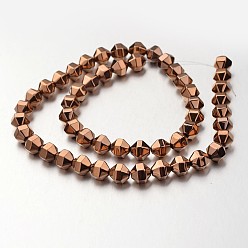 Copper Plated Electroplate Non-magnetic Synthetic Hematite Bead Strands, Polygon, Copper Plated, 8x8mm, Hole: 1mm, about 51pcs/strand, 15.7 inch