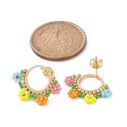 Coloré Boucles d'oreilles pendantes tige fleur tressée graine de verre, boucles d'oreilles cercle en laiton doré pour femme, colorées, 17~17.5x22.5~23mm, pin: 0.6 mm