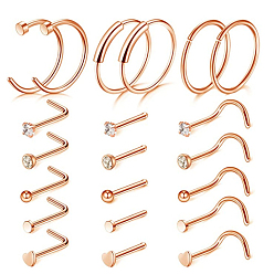 Golden Clear Cubic Zirconia Nose Studs & Rings, 316 Surgical Stainless Steel L-shape & Fishtail & Hoop & Nose Bone Rings, Piercing Jewelry for Women, Golden, 10mm, 21 Styles, 1Pc/style, 21Pcs