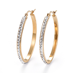 Golden 304 Stainless Steel Hoop Earrings, with Polymer Clay Rhinestone, Crystal, Golden, 43x30.5x3mm, Pin: 0.7x1mm
