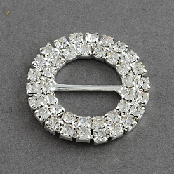 Silver Shining Ring Wedding Invitation Ribbon Buckles, Brass Grade A Crystal Rhinestone Garment Dress Slide Buckles, Silver Color Plated, 27x3mm, Hole: 14x6.5mm