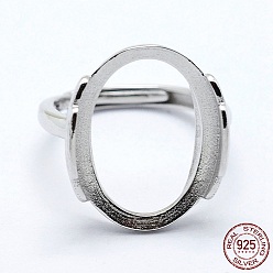 Platinum Rhodium Plated 925 Sterling Silver Finger Ring Components, Adjustable, Oval, Platinum, Size 7 (17mm), 2mm wide, Tray: 15x20mm