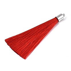 Red Fiber Tassel Big Pendant Decorations, with Platinum Plated Brass Finding, Red, 70~73x7~25mm, Hole: 1.8mm