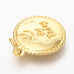Real 18K Gold Plated Brass Pendants, Flat Round with Smiling Face and Word For Today, Real 18K Gold Plated, 17x14x1.4mm, Hole: 3.4mm