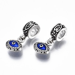 Blue Alloy Enamel European Dangle Charms, Evil Eye, Large Hole Pendants, Antique Silver, Blue, 23.5mm, Hole: 5mm