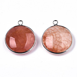 Coral Natural Crackle Agate Pendants, with Platinum Plated Brass Findings, Dyed & Heated, Flat Round, Coral, 27~28x23~24x7~9.5mm, Hole: 2mm
