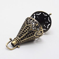 Antique Bronze Filigree Cone Brass Cage Pendants, For Chime Ball Pendant Necklaces Making, Lead Free & Cadmium Free, Antique Bronze, 40.5x25.5x22mm, Hole: 6x5mm, Inner: 18mm
