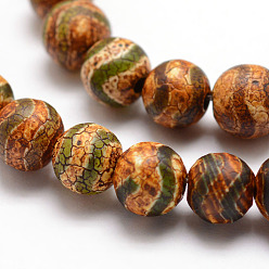 Wave Pattern Tibetan Style Wave Pattern dZi Beads, Natural Weathered Agate Bead Strands, Round, Dyed & Heated, Sandy Brown, 8mm, Hole: 1mm, about 47pcs/strand, 15 inch
