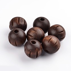 Coffee Natural Wood Beads, Lead Free, Dyed, with Carved Pattern, Round, Coffee, 25mm, Hole: 6~7mm