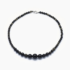 Obsidienne Obsidienne naturelle perles ensembles de colliers et bracelets ensembles de bijoux, avec fermoirs mousquetons en laiton  , 17.5 pouce (44.5 cm), 2 pouce (5 cm)