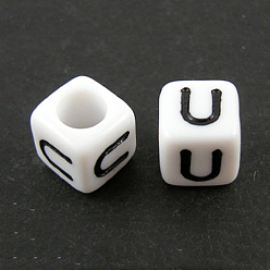 Letter U Lettre acrylique européenne perles, trou horizontal, cube, letter.u, 10x10x10mm, Trou: 3.5~4mm, environ598 pcs / 500 g
