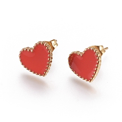Mixed Color 304 Stainless Steel Stud Earrings, with Enamel and Ear Nuts, Heart, Red, Mixed Color, 9.5x10.5x1.5mm, Pin: 0.6mm, 6pairs/card