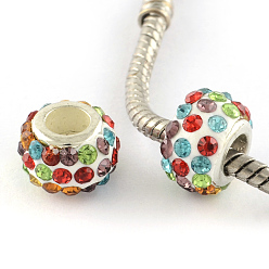 Colorful Handmade Polymer Clay Rhinestone European Beads, Large Hole Rondelle Beads, with Silver Color Plated Brass Single Cores, Colorful, 11~12x7~7.5mm, Hole: 5mm